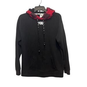 Victoria’s Secret PINK Campus Sherpa lined‎ black hoodie with plaid hood Size S